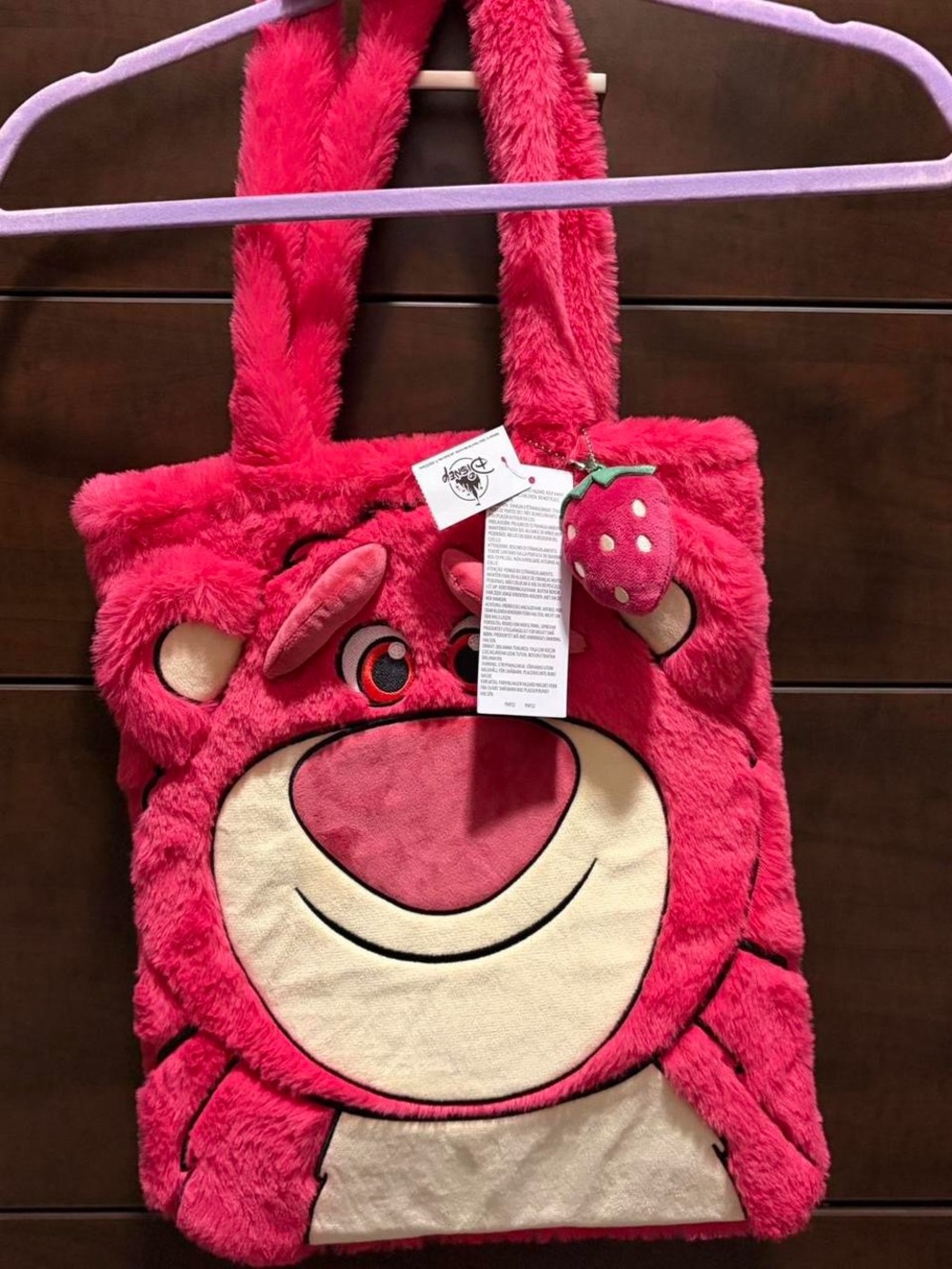 Disney Hot Pink Plush Character Tote with Strawberry Charm